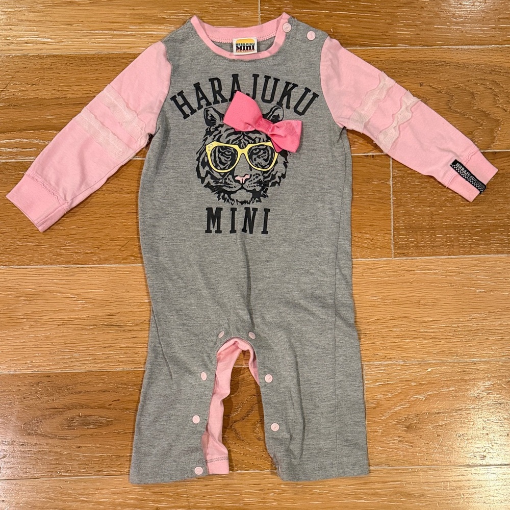 Harajuku Mini Grey & Pink Baby One-Piece Bodysuit with Bow